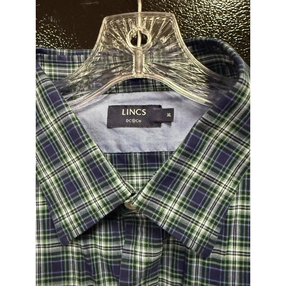 Lincs DC & Co Men's XL 100% Cotton Plaid Shirt Blue Button Up Work Formal